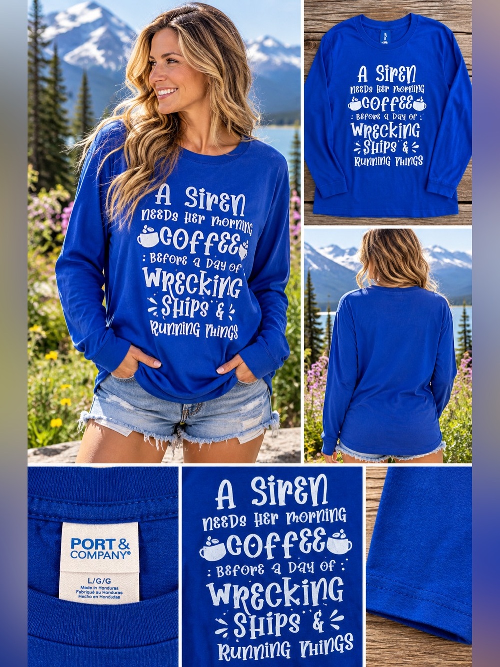 Port and Company Royal Blue Long Sleeve Graphic Tee with White Print